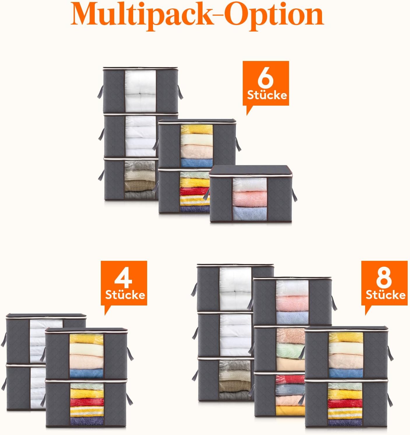 Lifewit Pack of 10 Storage Bags, Storage Boxes with Lid, Wardrobe Organiser, Foldable Clothes Storage, Moving Boxes with Reinforced Handle for Duvets, Clothes, Blankets, Grey