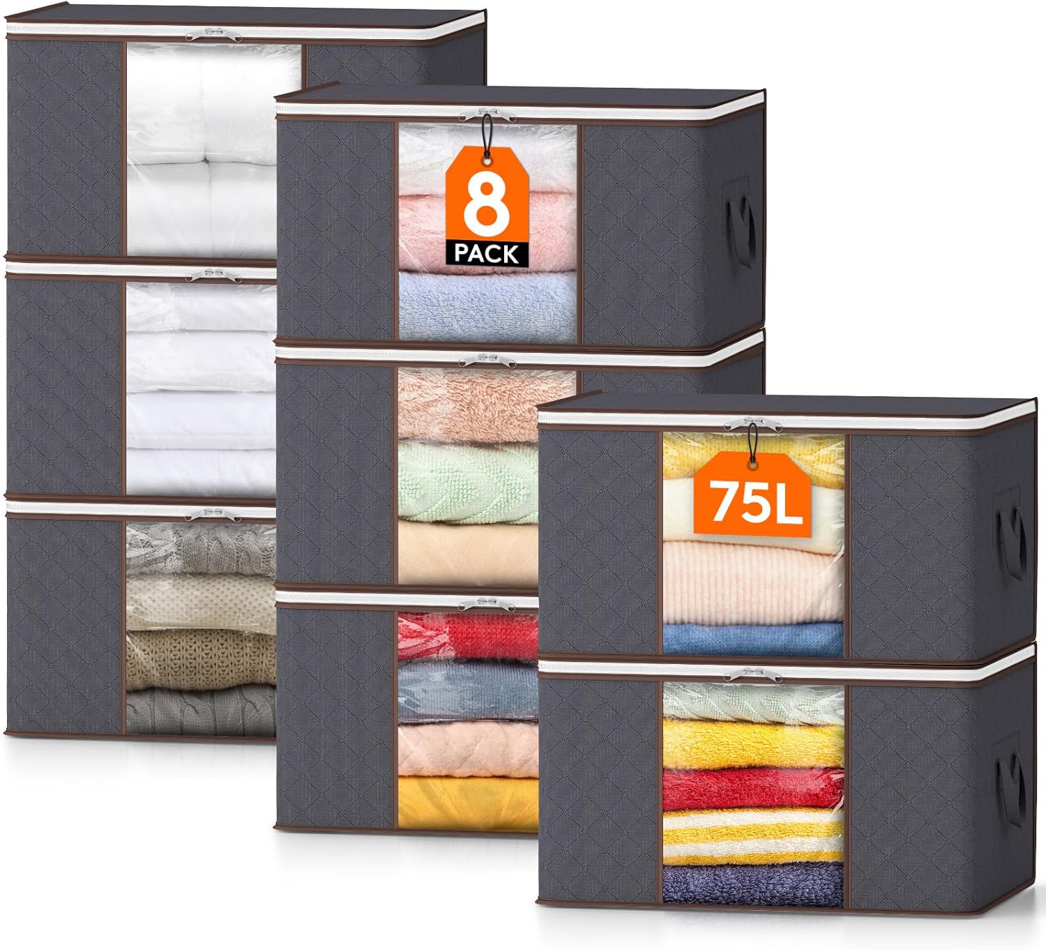 Lifewit Pack of 10 Storage Bags, Storage Boxes with Lid, Wardrobe Organiser, Foldable Clothes Storage, Moving Boxes with Reinforced Handle for Duvets, Clothes, Blankets, Grey