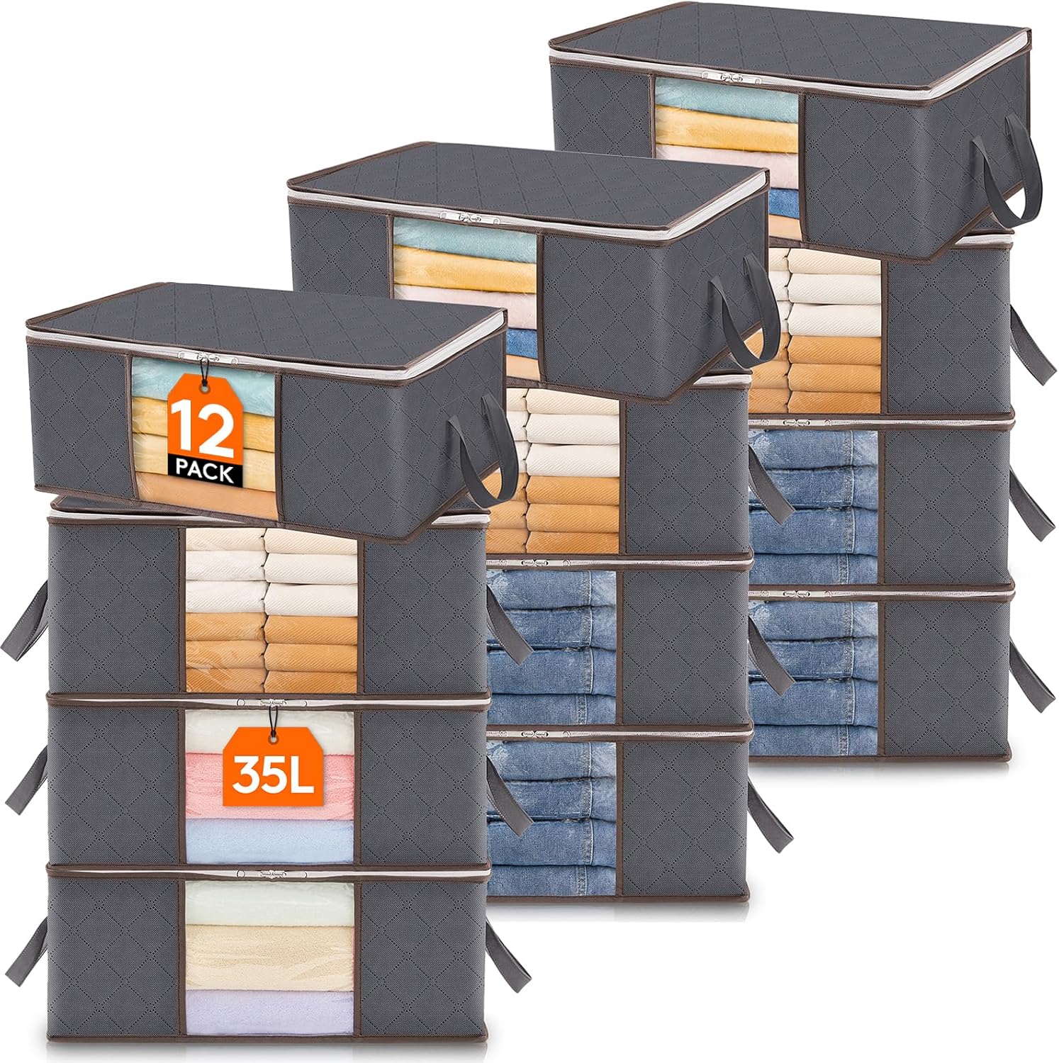 Lifewit Pack of 10 Storage Bags, Storage Boxes with Lid, Wardrobe Organiser, Foldable Clothes Storage, Moving Boxes with Reinforced Handle for Duvets, Clothes, Blankets, Grey