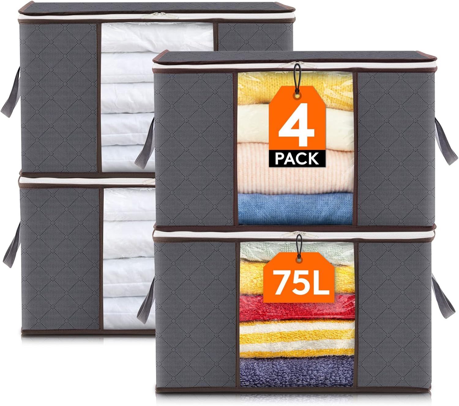 Lifewit Pack of 10 Storage Bags, Storage Boxes with Lid, Wardrobe Organiser, Foldable Clothes Storage, Moving Boxes with Reinforced Handle for Duvets, Clothes, Blankets, Grey