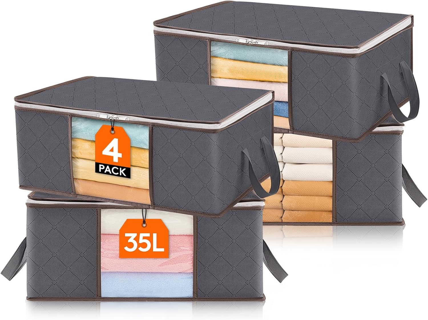 Lifewit Pack of 10 Storage Bags, Storage Boxes with Lid, Wardrobe Organiser, Foldable Clothes Storage, Moving Boxes with Reinforced Handle for Duvets, Clothes, Blankets, Grey