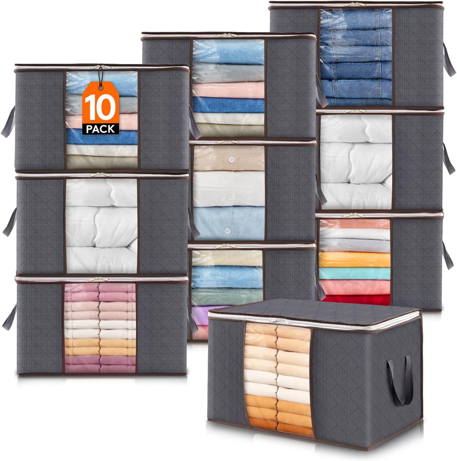 Lifewit Pack of 10 Storage Bags, Storage Boxes with Lid, Wardrobe Organiser, Foldable Clothes Storage, Moving Boxes with Reinforced Handle for Duvets, Clothes, Blankets, Grey