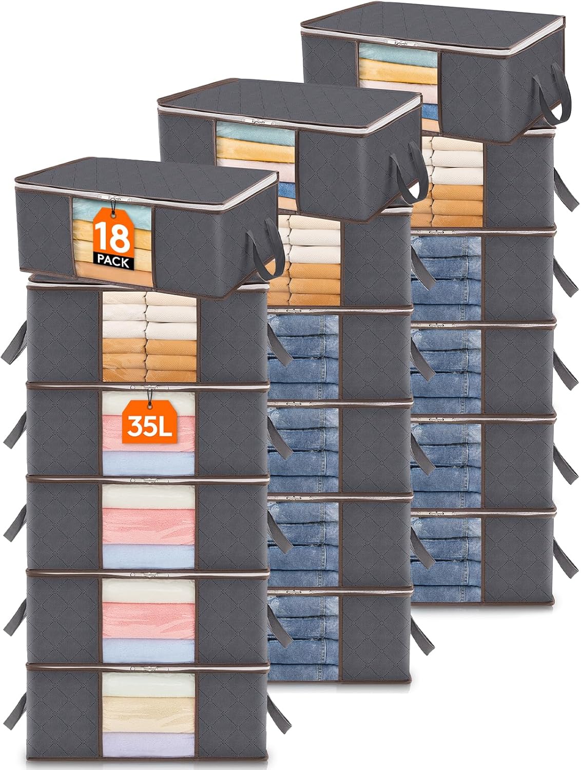 Lifewit Pack of 10 Storage Bags, Storage Boxes with Lid, Wardrobe Organiser, Foldable Clothes Storage, Moving Boxes with Reinforced Handle for Duvets, Clothes, Blankets, Grey